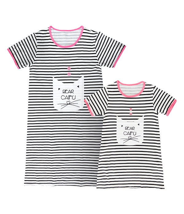 PIJAMA, VESTIDO GATITOS A RAYAS MAMA E HIJA